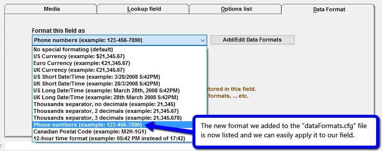 Adding a custom data format for phone numbers.