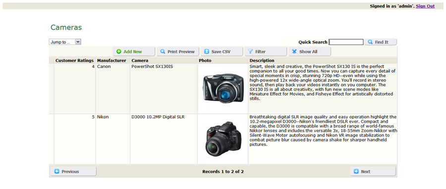 Default formatting of the table view fields.
