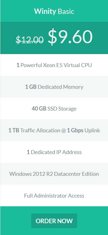 Winity basic plan, with 20% discount applied Winity Windows cloud hosting for AppGini, 1GB RAM, 40GB SSD storage